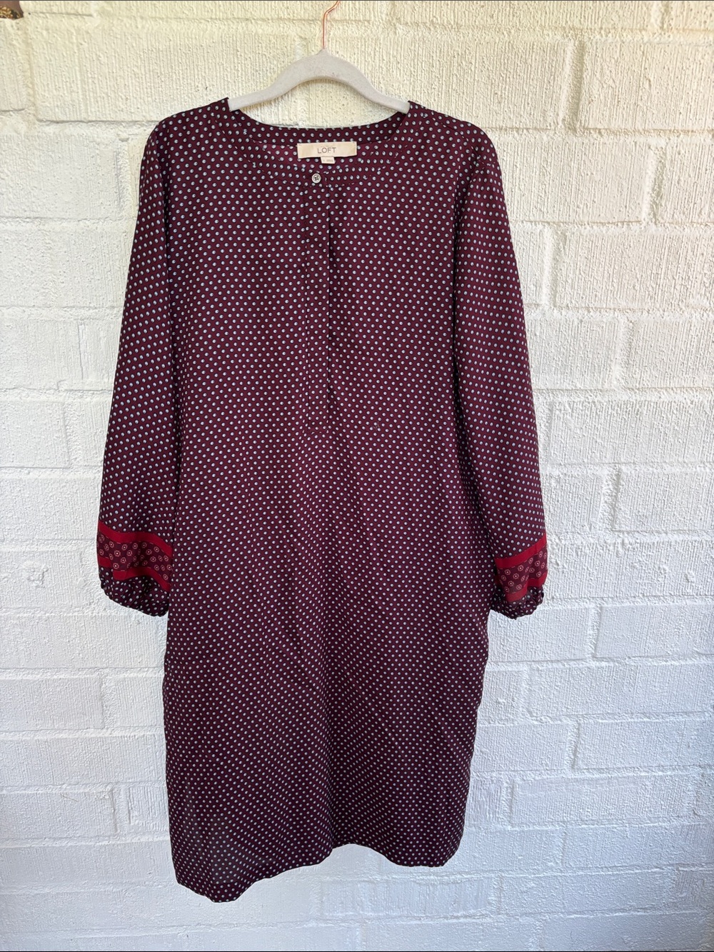 LOFT Burgundy Polka Dot Long Sleeve Dress